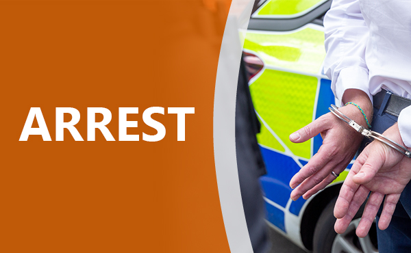 Orange background with the word arrest and a person in handcuffs