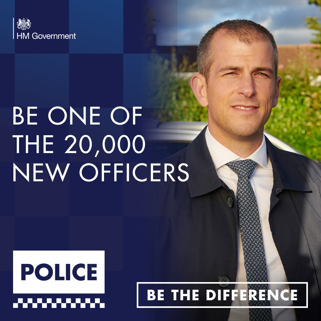 Recruitment graphic with male detective stood in front of patrol car with the wording 'be one of the 20,000 new officers'