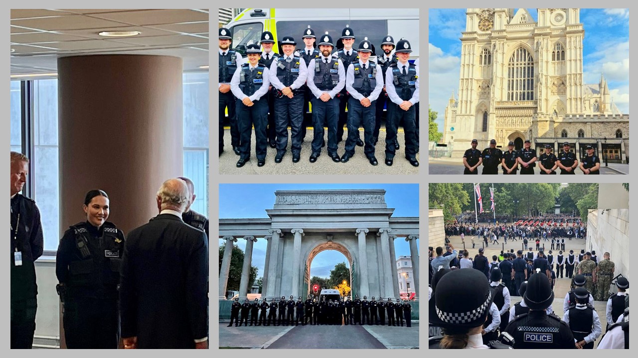 Image shows a montage of photographs of police officers