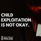 A picture of a young person in a dark room on her phone talking to a stranger. A white heading sits on the left which says Child Exploitation Is Not Okay