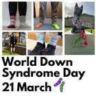A collage of images of West Mercia Police workforce wearing odd socks. On the top left is a wording that says World Down Syndrome Day 21 March