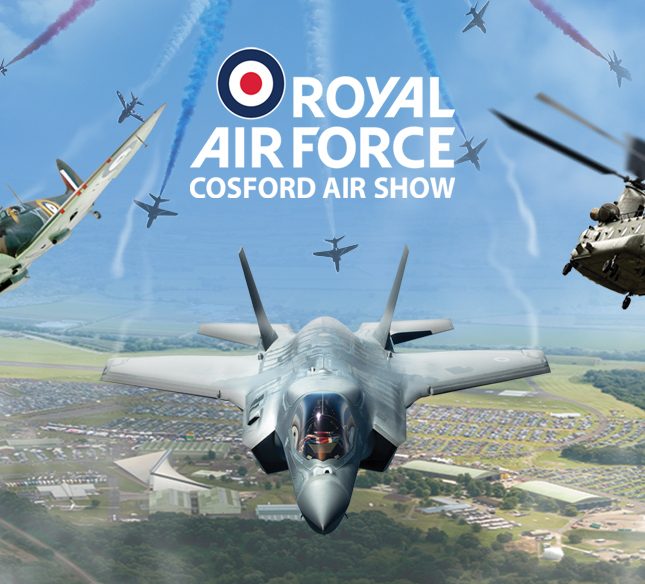 Royal Air Force logo with text 'Cosford Air show' underneath. Pictures of planes 