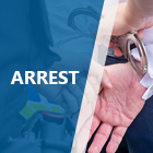 Back of a person being put into handcuffs by a police officer with a blue overlay and the word arrest