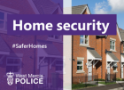 Home security title with a picture of terraced houses. Hashtag safer homes 