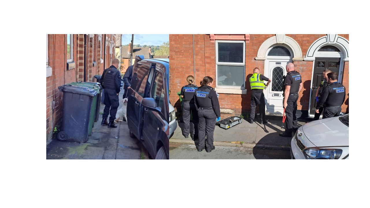 Police officers take away a dog
