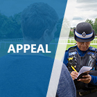 Police community support officer taking notes in her pocket notebook from a member of the public blue overlay and the word appeal