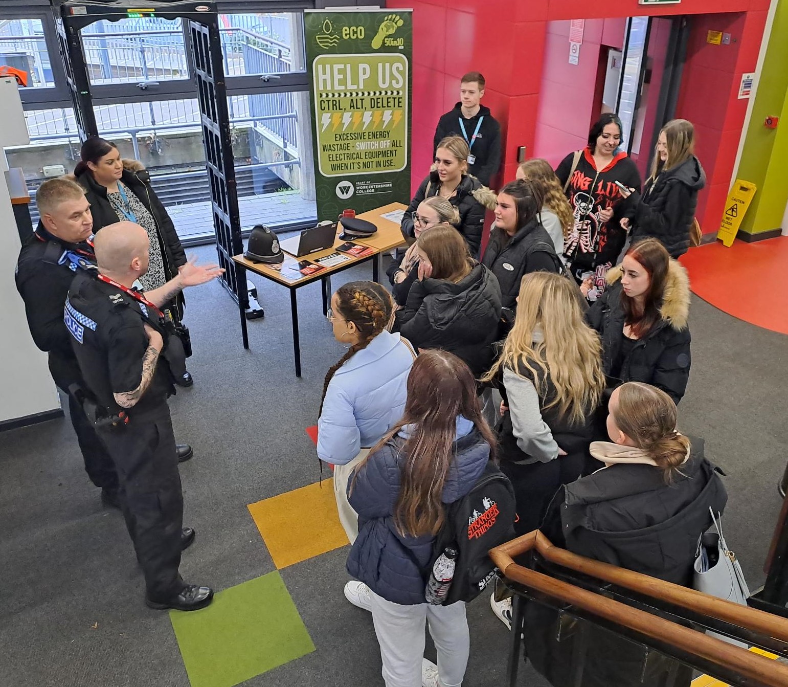 Officers from Cathedral Safer Neighbourhood Team (SNT) visited Heart of Worcestershire (HOW) College in Worcester yesterday (Tuesday 21 November) to talk to students about knife crime. They took a working knife arch with them for the event as part of Op Sceptre which aims to help tackle knife crime across the country and locally here in the West Mercia force area. Worcester Cathedral ward SNT has been involved in a range of activities related to the criminal use of knives to ensure the safety of and to protect the public. PCSO Ian Cadwallader was joined by partners at HOW College to engage with students and staff about how the knife arch worked and speak to them about the issue. PCSO Cadwallader said: “Working with our partners at HOW College we visited their Deansway site to let them try out the detection arch and engaged with students about the dangers of knife crime.” •	Visit our website for more information about the intervention programme, Steer Clear, visit Knife Crime | West Mercia Police or The Children’s Society - Steer Clear | The Children's Society (childrenssociety.org.uk) •	Concerns about knife crime can be reported anonymously to Crimestoppers on 0800 555 111 or through Fearless fearless.org. JI, Corporate Communications