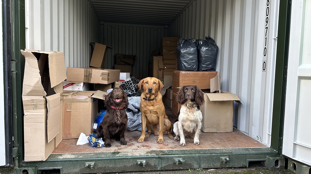 Tobacco search dogs Bran, Cooper and Griff with the haul of counterfeit cigarettes they helped to find.