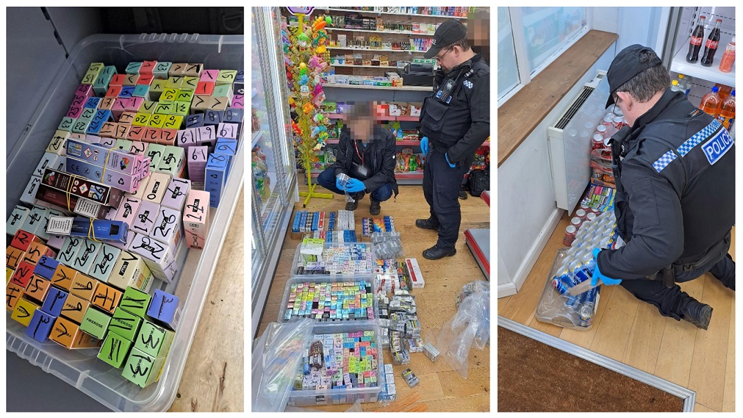 Officers investigate a mini market's vapes and cigarettes