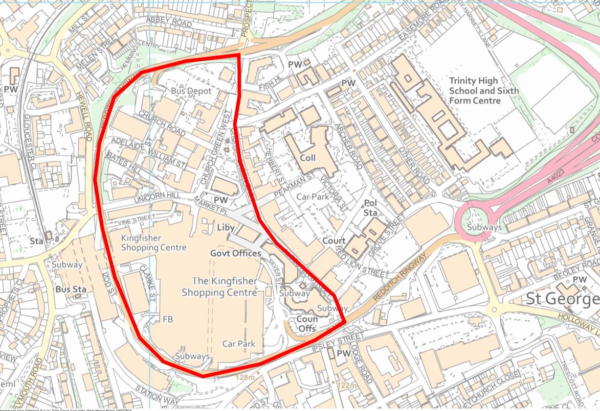 A mapped area where Redditch dispersal order is effective