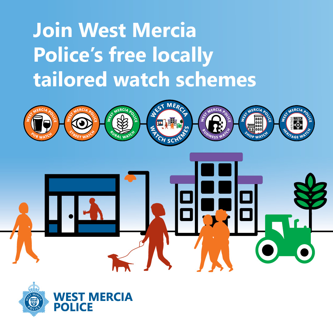 'join West Mercia Police's free locally tailored watch schemes' text with watch scheme logos