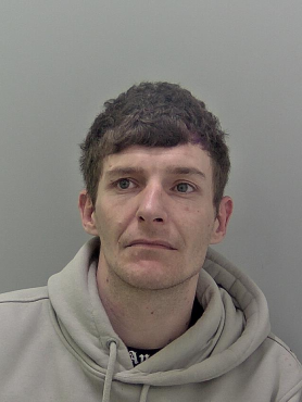 White male, brown hair, grey top. 