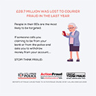 Courier Fraud -  A cartoon drawing of an elderly on her phone. 