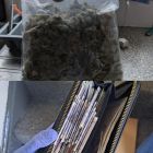 A picture of purse with cash on the left and bag of cannabis on the right.