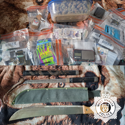 two large knives, drugs and cash in evidence bags