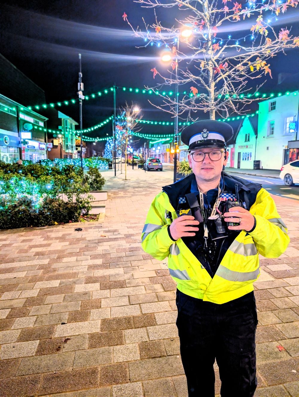 PCSO carrying out high visibility patrols in Shifnal Shropshire at Christmas