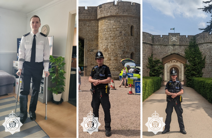 Images of PC Ryan Davies on crutches and at work