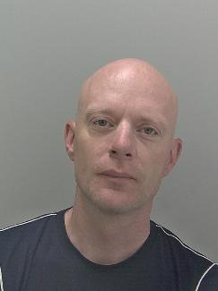 White, bold man wearing blue t shirt.