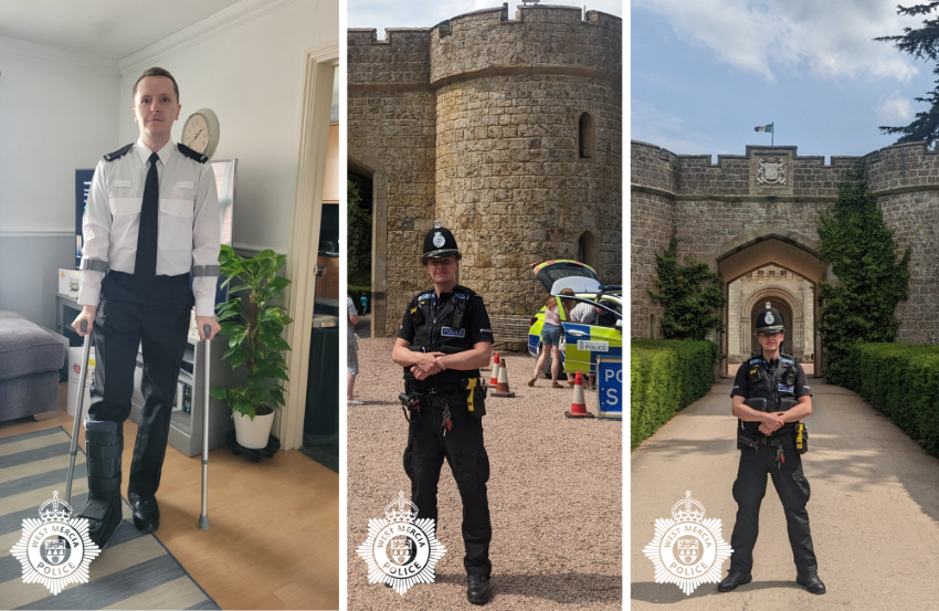 Images of PC Ryan Davies on crutches and at work