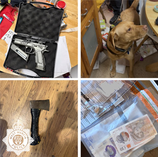 A collage from a warrant - On the top left is a silver pistol inside a gun case. On the right is a red police dog labrador. On the bottom left is a photo of a axe and on the bottom right are cash seized by police officers.