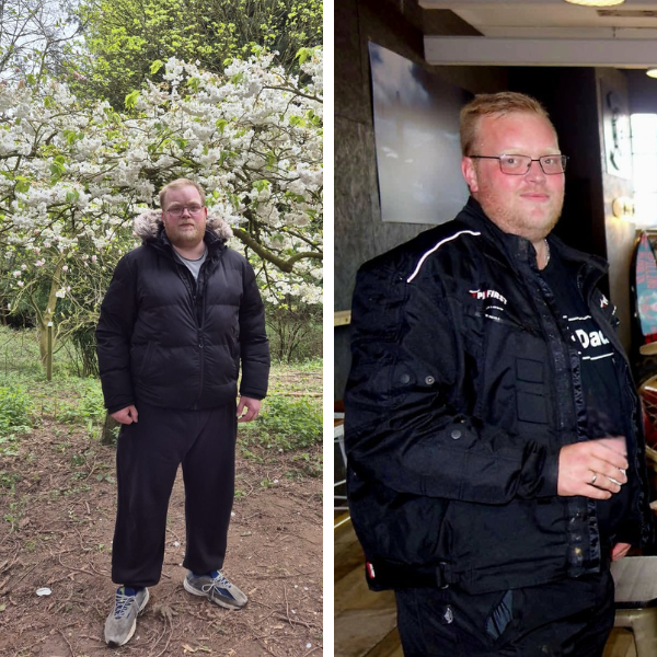 two images side by side - man wearing all black in front of white blossom tree and man wearing all black stood holding a drink
