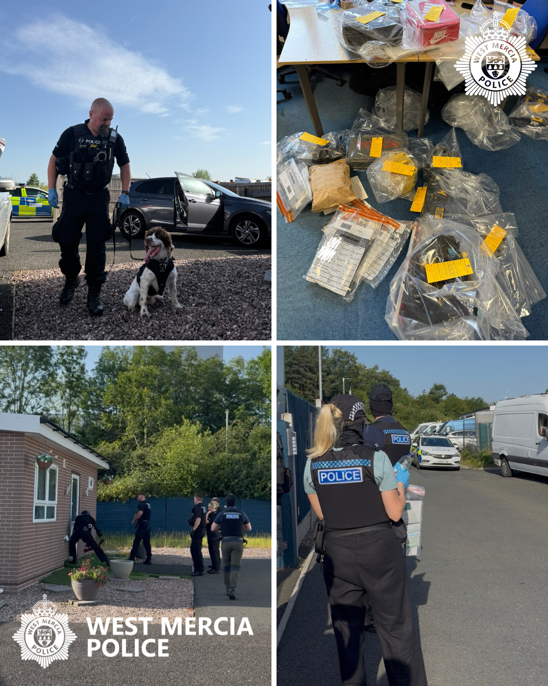image of police officer with police dog and evidence bags, and officers at a warrant 