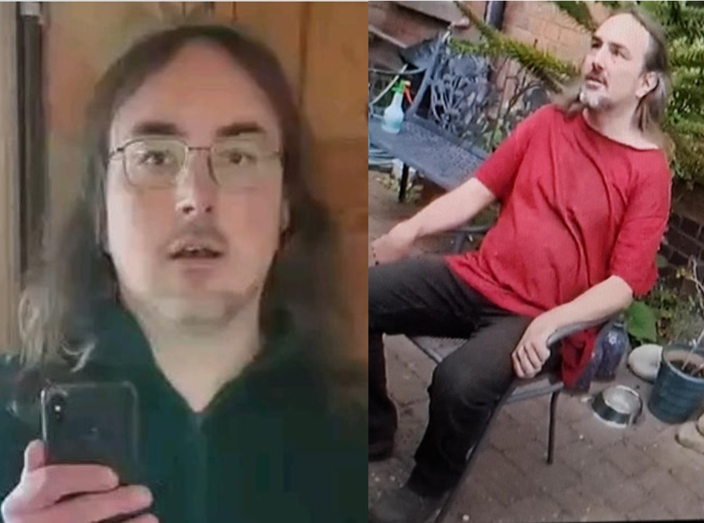 two images of same man with long dark thining hair, one taken in mirror looking ahead the other is taken of him sat down in a garden wearing red top