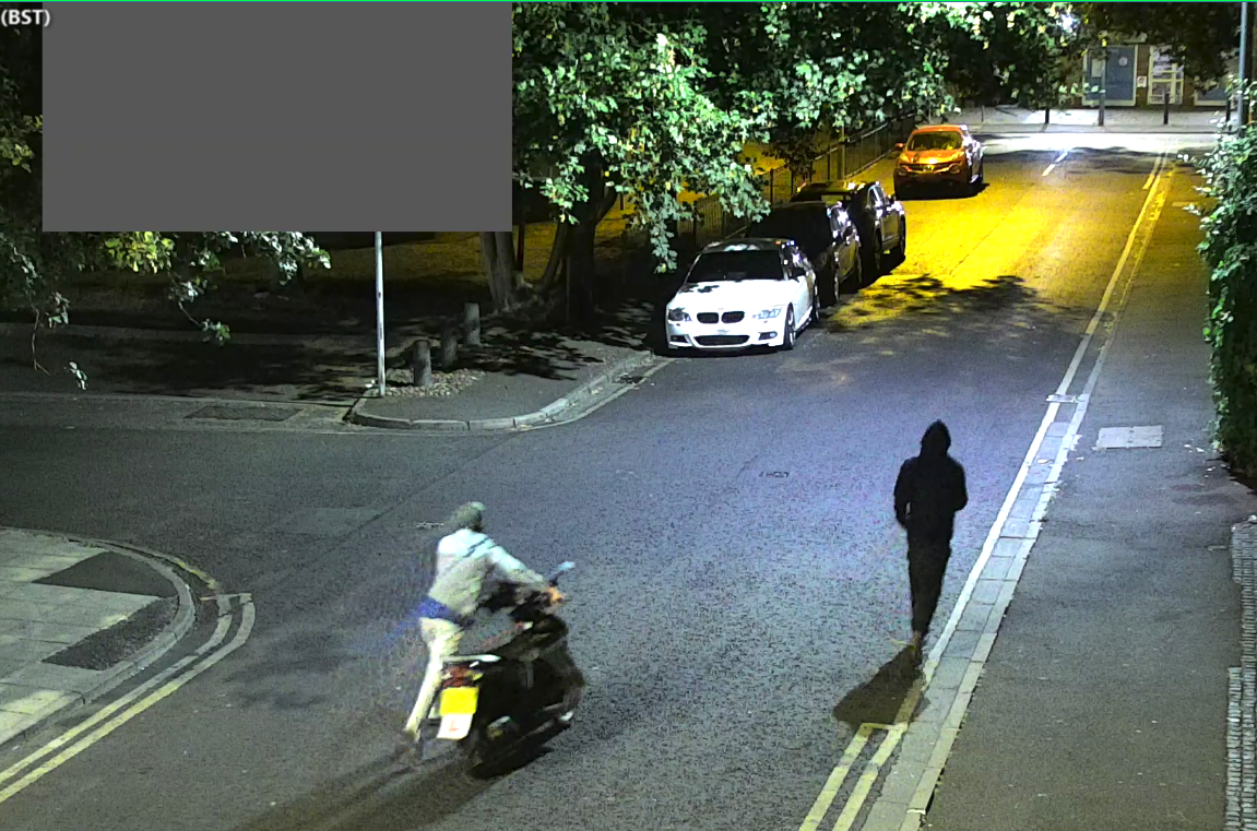 Two suspects walking down a road, one pushing a bike