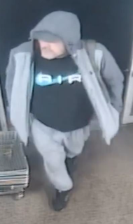 White male, with a grey hood over his head. 