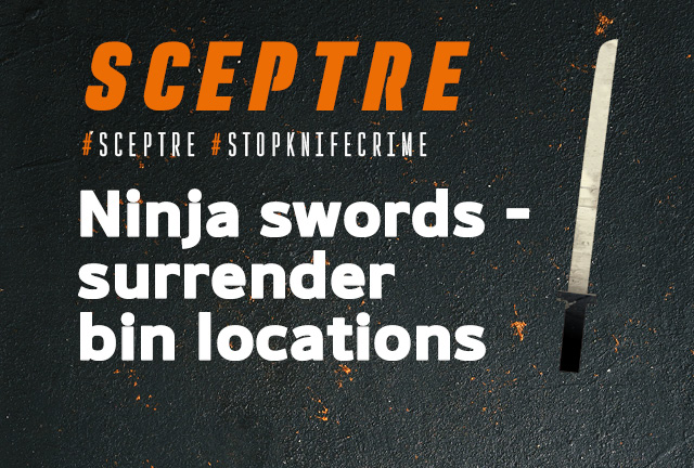 Ninja sword on concrete background with text announcing the ban on ninja swords from 1 August and instructions for surrender bin locations.