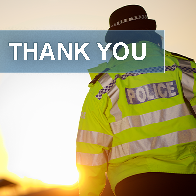 A police officer in the background, with their back to us . A light blue rectangle in the centre with a text that says thank you. 