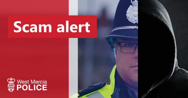 'scam alert' text with red background and police officer face