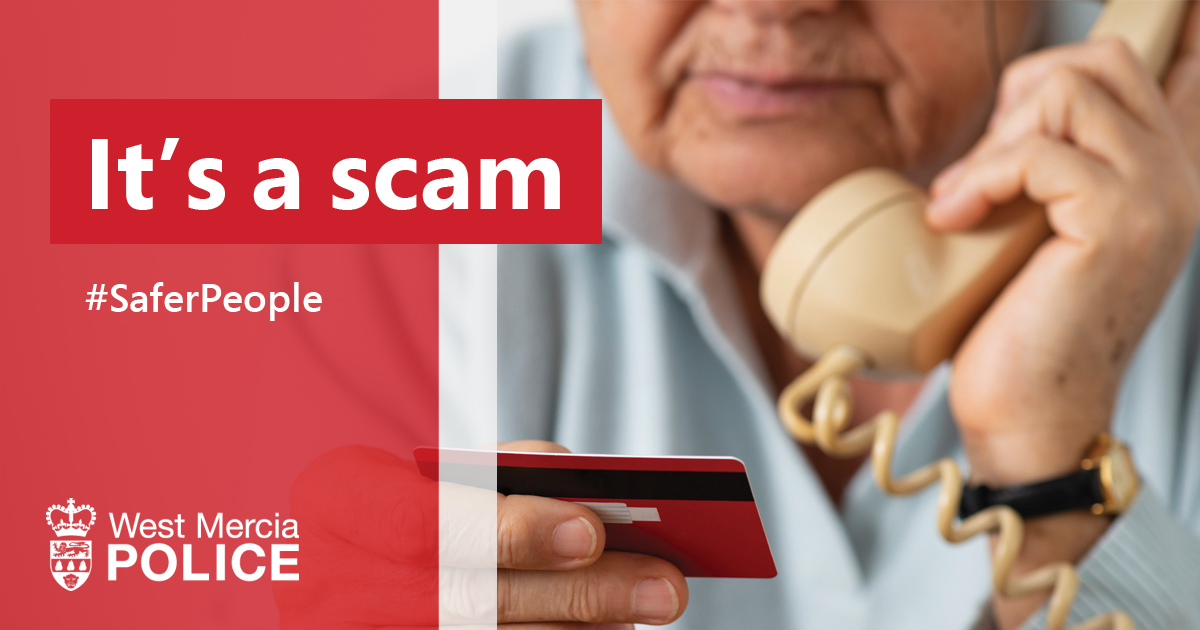"It's a scam" warning with an older person on a phone