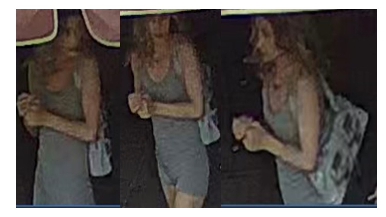 Three pictures of a woman in a grey unitard 