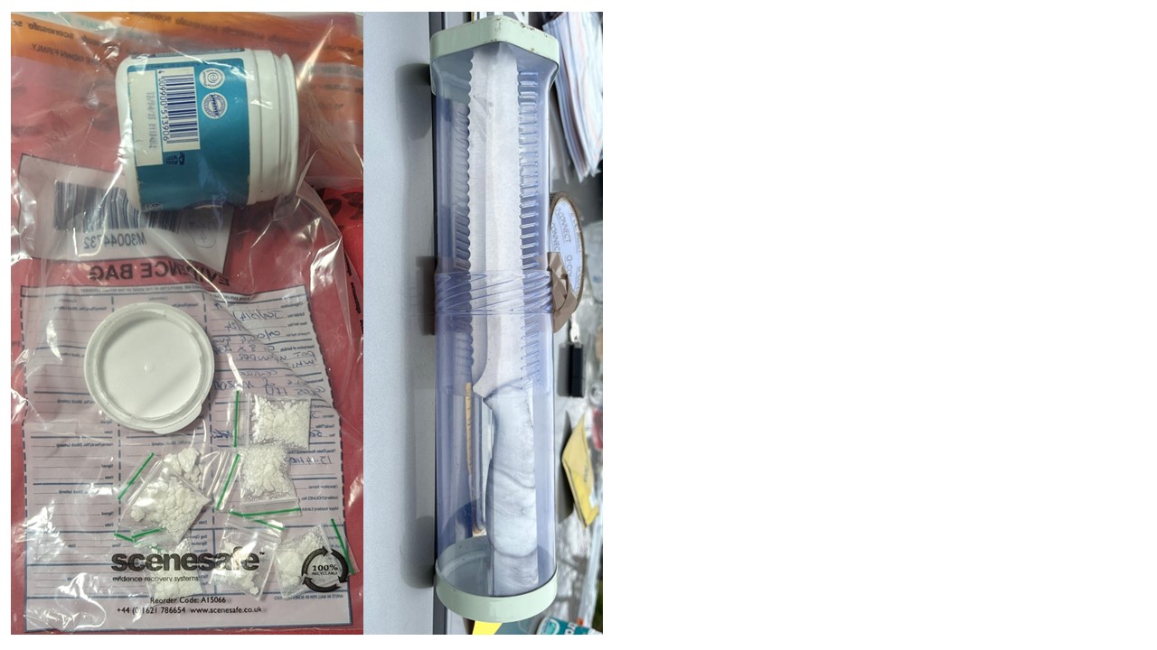 drugs in little bags and a knife contained 