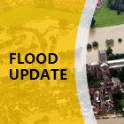 An image graphic of flooded land and text that says "flood update"