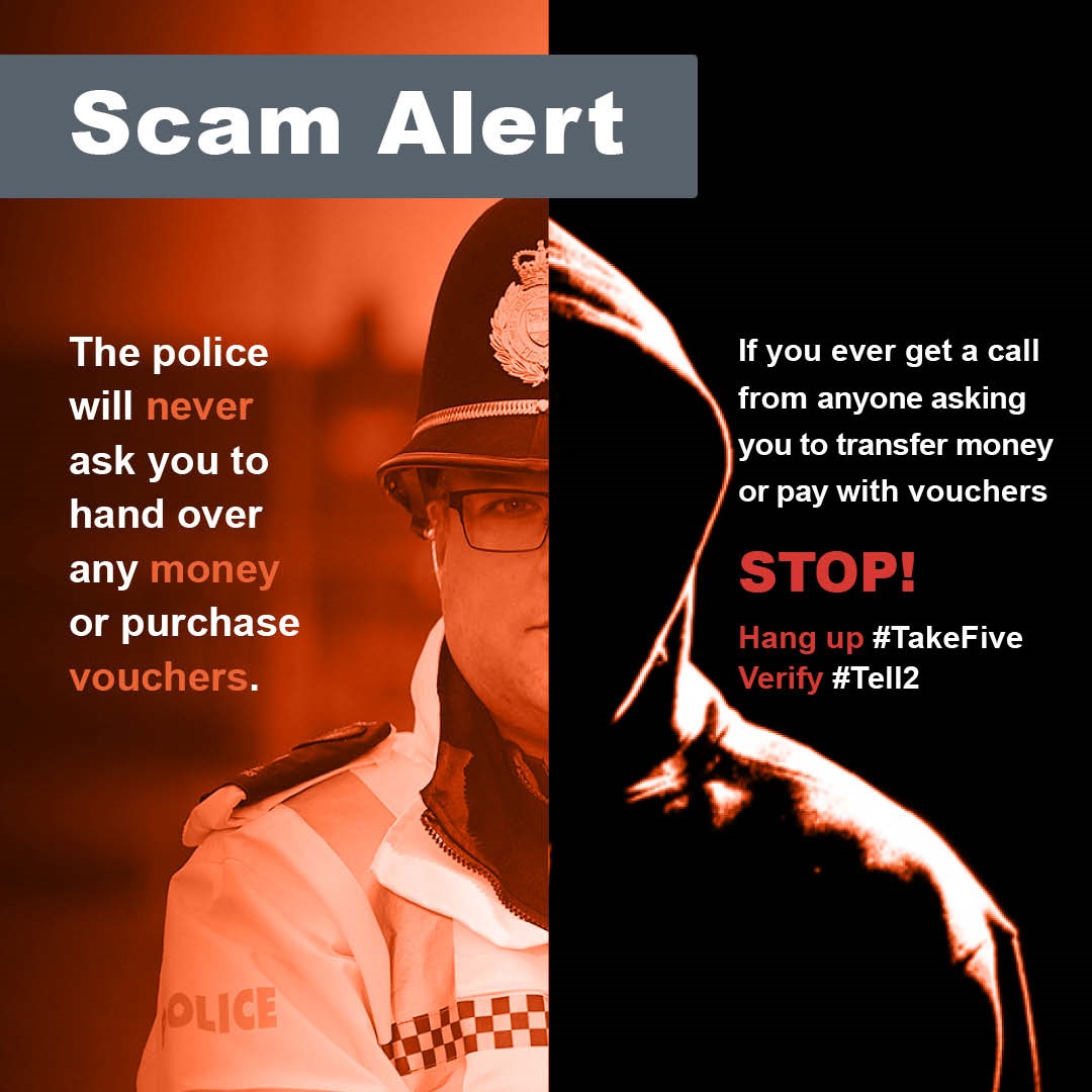 Scam alert - Red rectangle on the right - Police officer on the left with half their face covered by a hoodie 