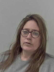 White female, with long brown hair and wearing glasses. 